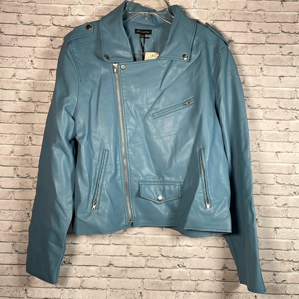 Shinestar 3X Faux Leather Jacket Light Blue
